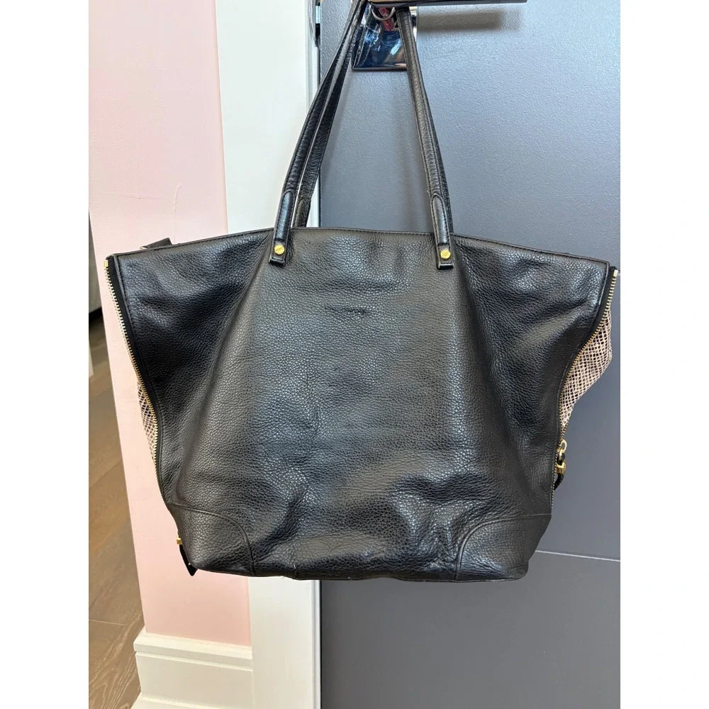 Tory Burch Black Pebbled Leather Side Zip Snakeskin Gusset Tote Bag